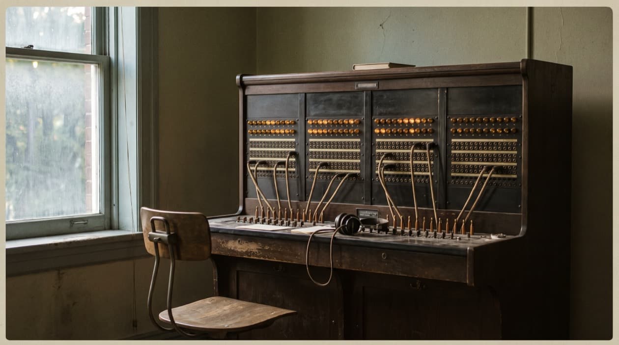 Standard téléphonique manuel des années 1960, avec ses rangées de petites lampes, ses fiches et ses cordons, devant la chaise vide d'une téléphoniste.