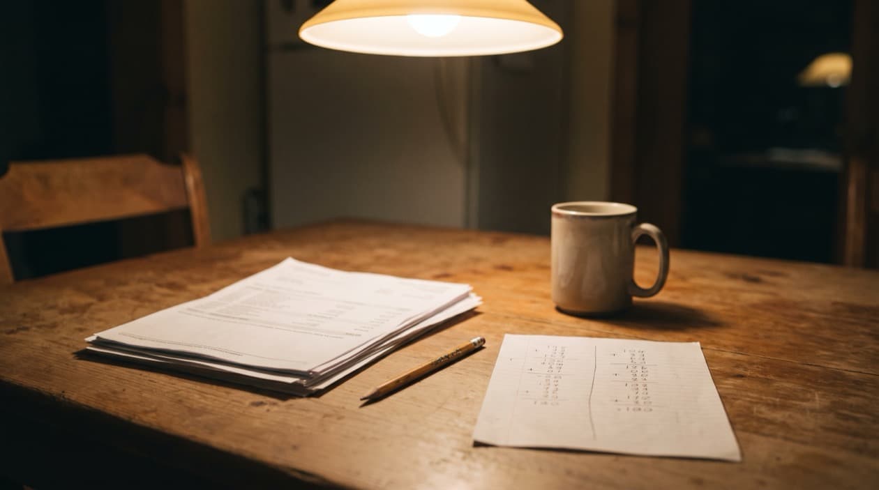 Une table de cuisine le soir, avec un relevé bancaire papier, un crayon et une page de calculs divisée en deux colonnes.