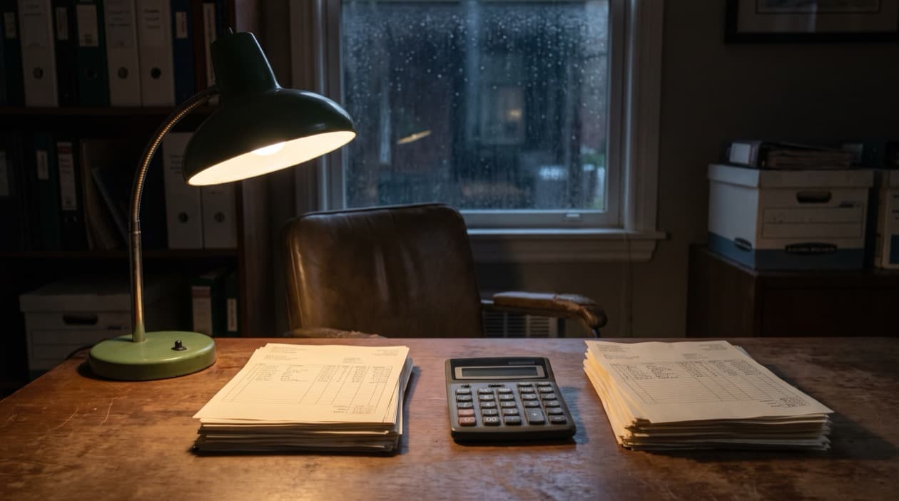 Le bureau d'une teneuse de livres le soir: deux piles de factures sous la lampe, et une calculatrice posée entre les deux.